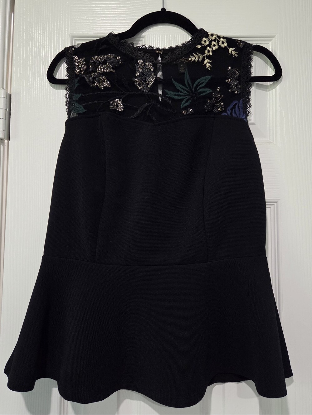 Size M Thalia Floral Sequin Embroidered Black Top